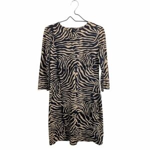 J. McLaughlin Catalina Cloth Sophia Zebra Print Dress 3/4 Sleeve Black Tan M